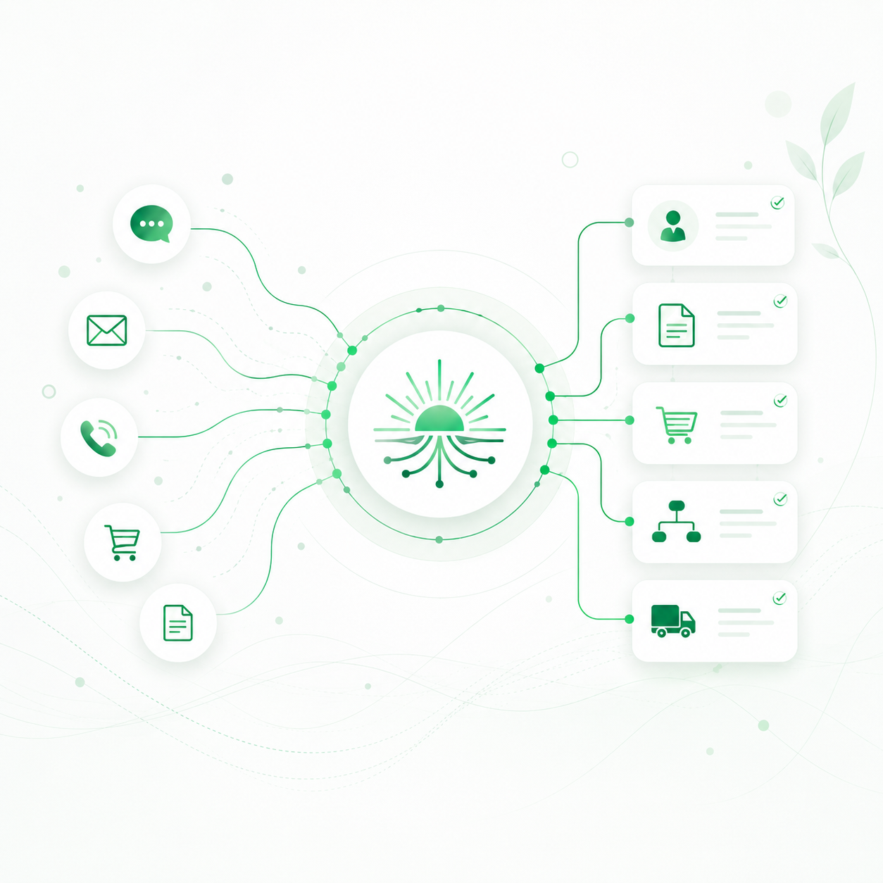 Diagrama conceptual de Alboria: conversaciones conectadas con información y procesos comerciales